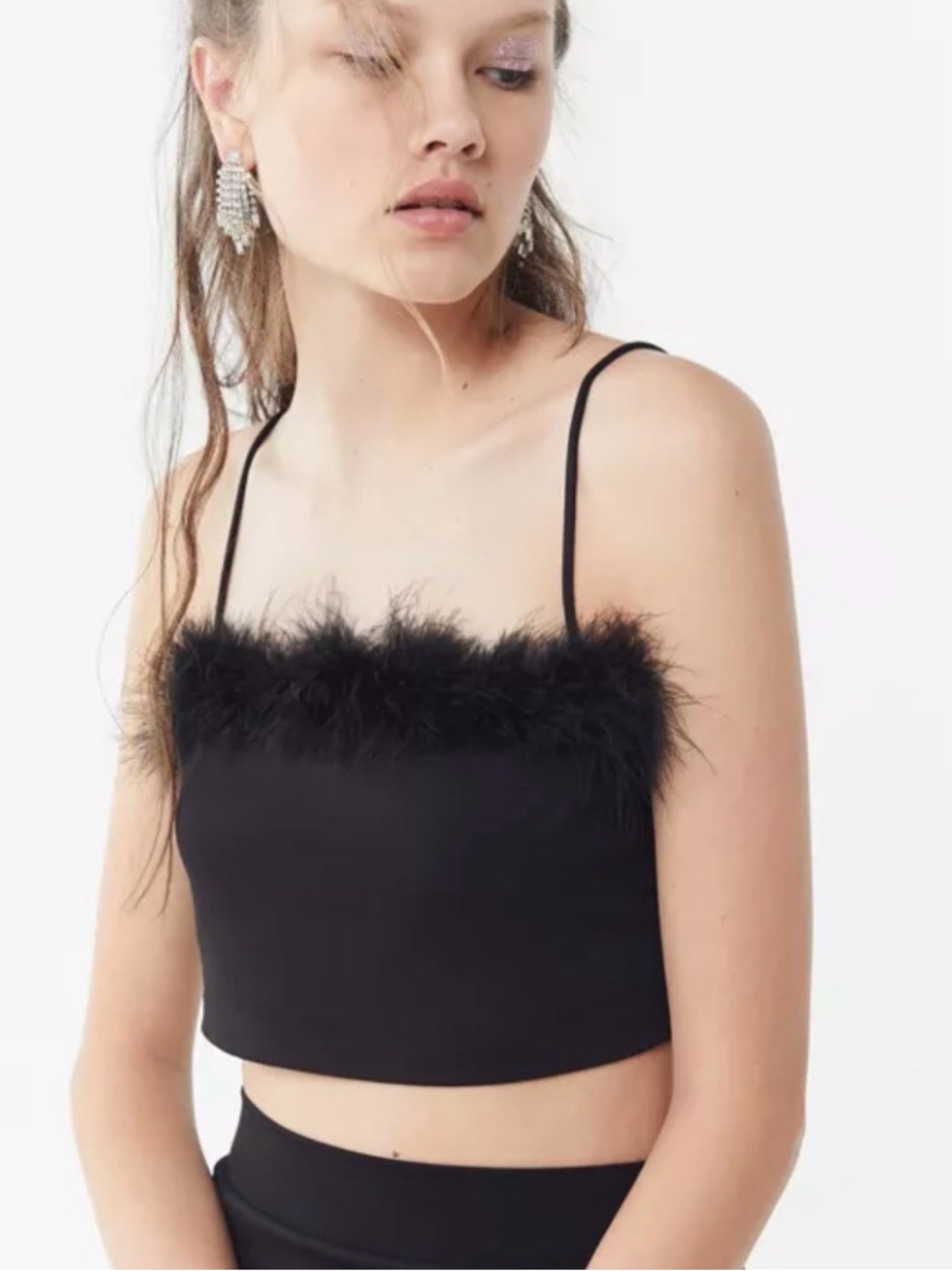 Cherry Mellow Feather-Trim Black Spaghetti Strap Crop Top
